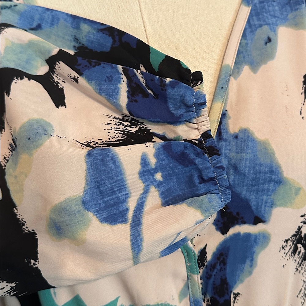 PrettyGarden Floral Blue cream Black watercolor vneck long sleeve XL Maxi Dress - Picture 7 of 16